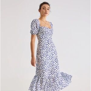 Commense Short Puff Sleeve Floral Tie Neck Midi XS Dress NWT